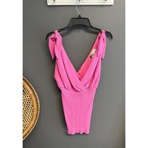 Free People FP Beach‎ Womens Medium Dress Pink Ribbed Mini Tie Shoulder NWT